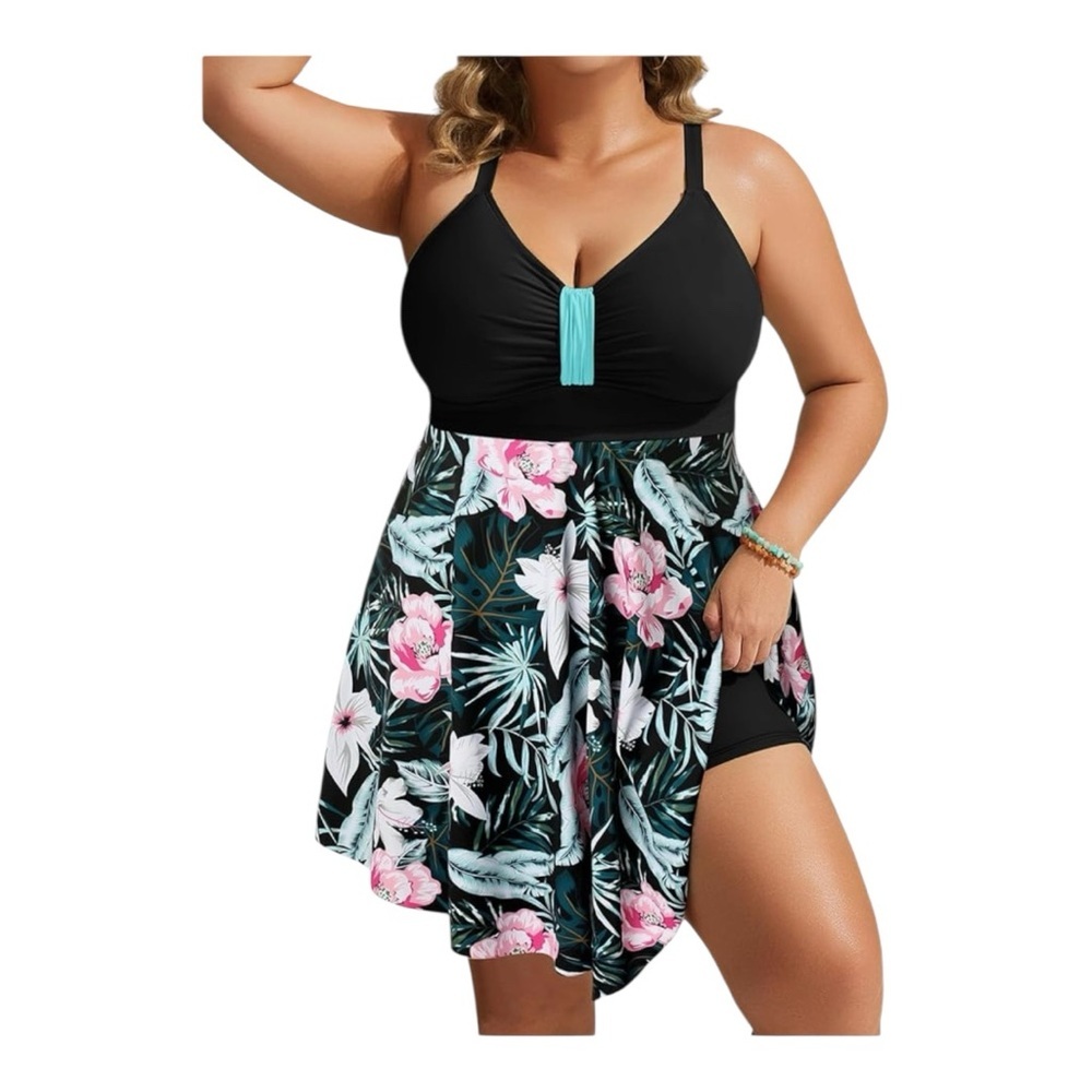 Hanna Nikole Black Floral One Piece Flowy Body Shaping Swimsuit Women’s Size 28W